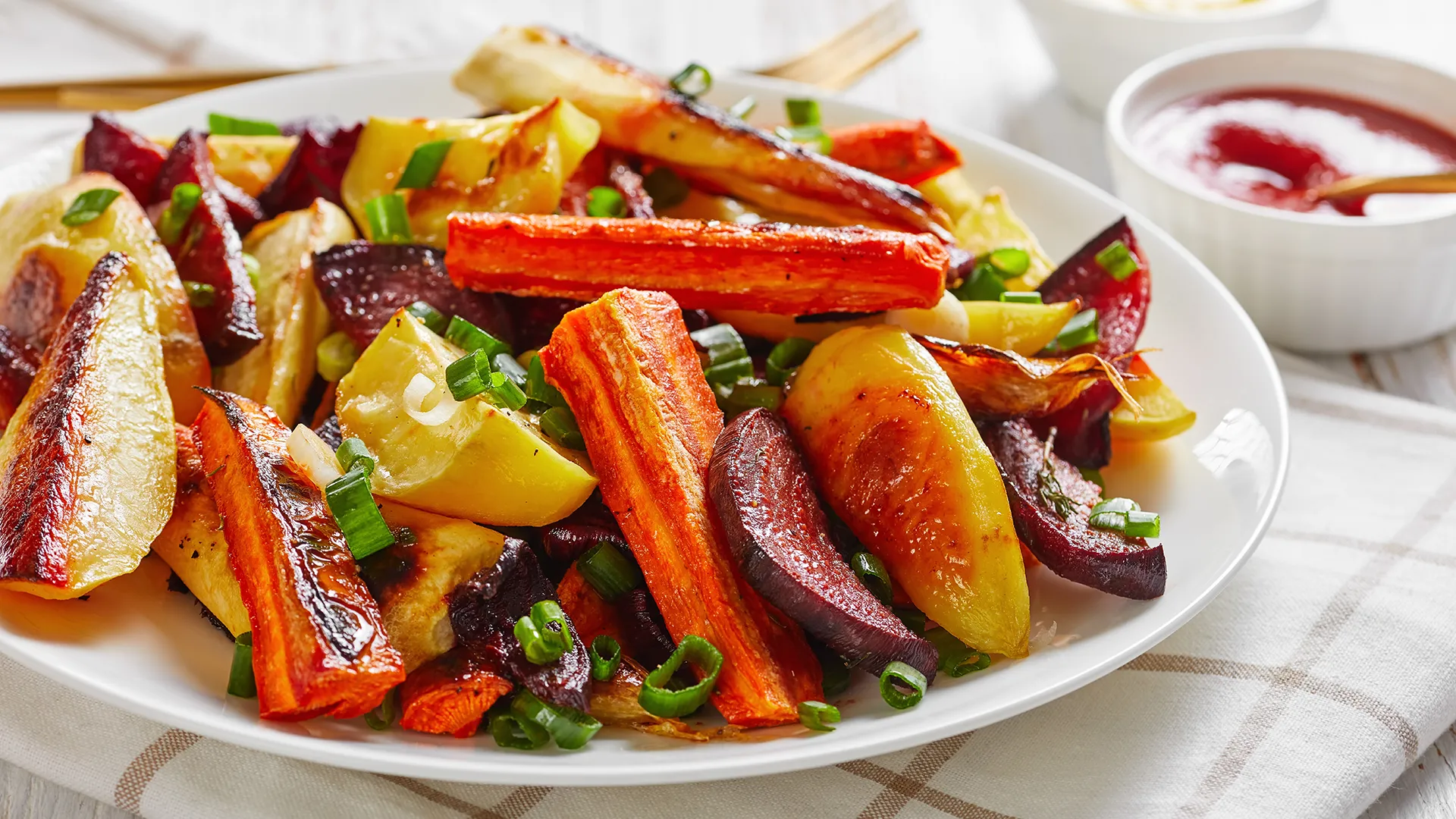 A plate on a white wooden table full of seasoned leftover roast vegetables, such as carrots, beetroot, parsnips and potatoes.