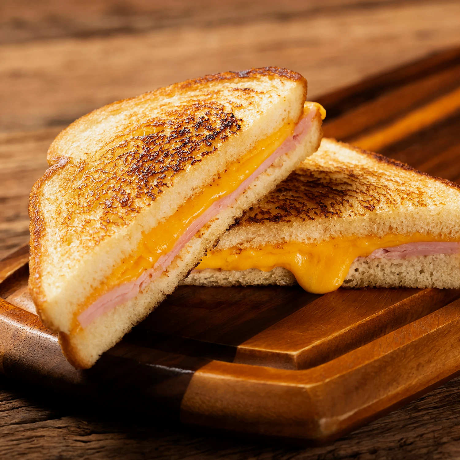 Two halves of a toasted sandwich, cut open to reveal yellow molten cheese and ham, placed on a wooden board.