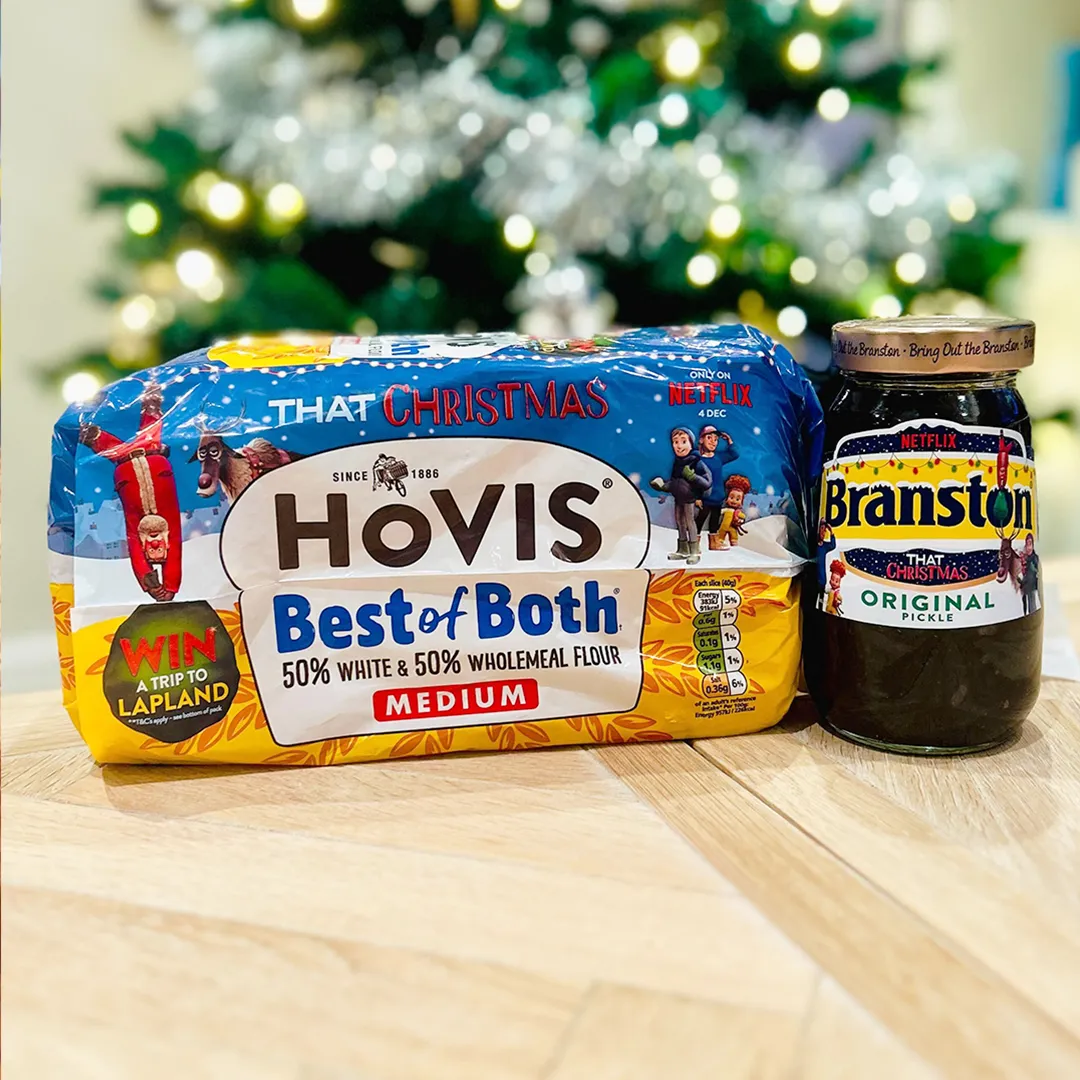 A Hovis best of both loaf sits next to a branston pickle jar