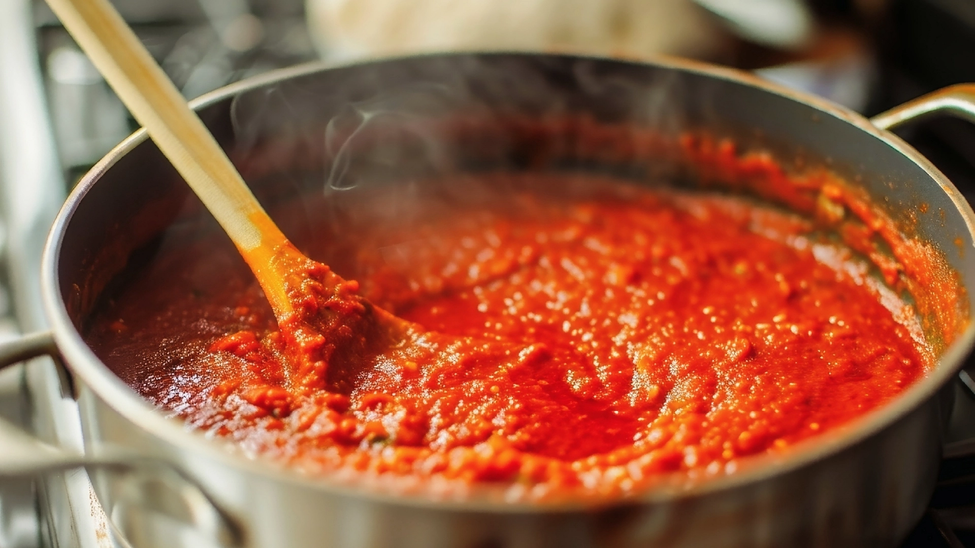 A large pot filled with simmering bright red tomato soup and a wooden spoon.