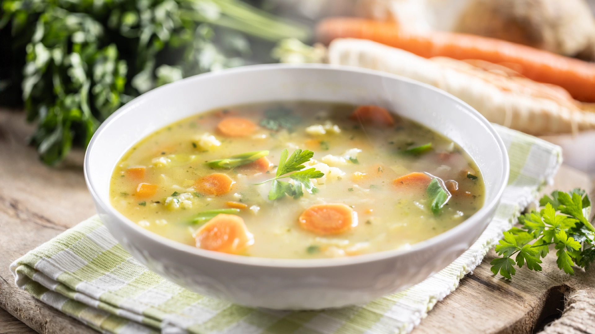 A bowl of chicken soup with steam rising, featuring round slices of carrot, chopped greens, and a parsley leaf on top.