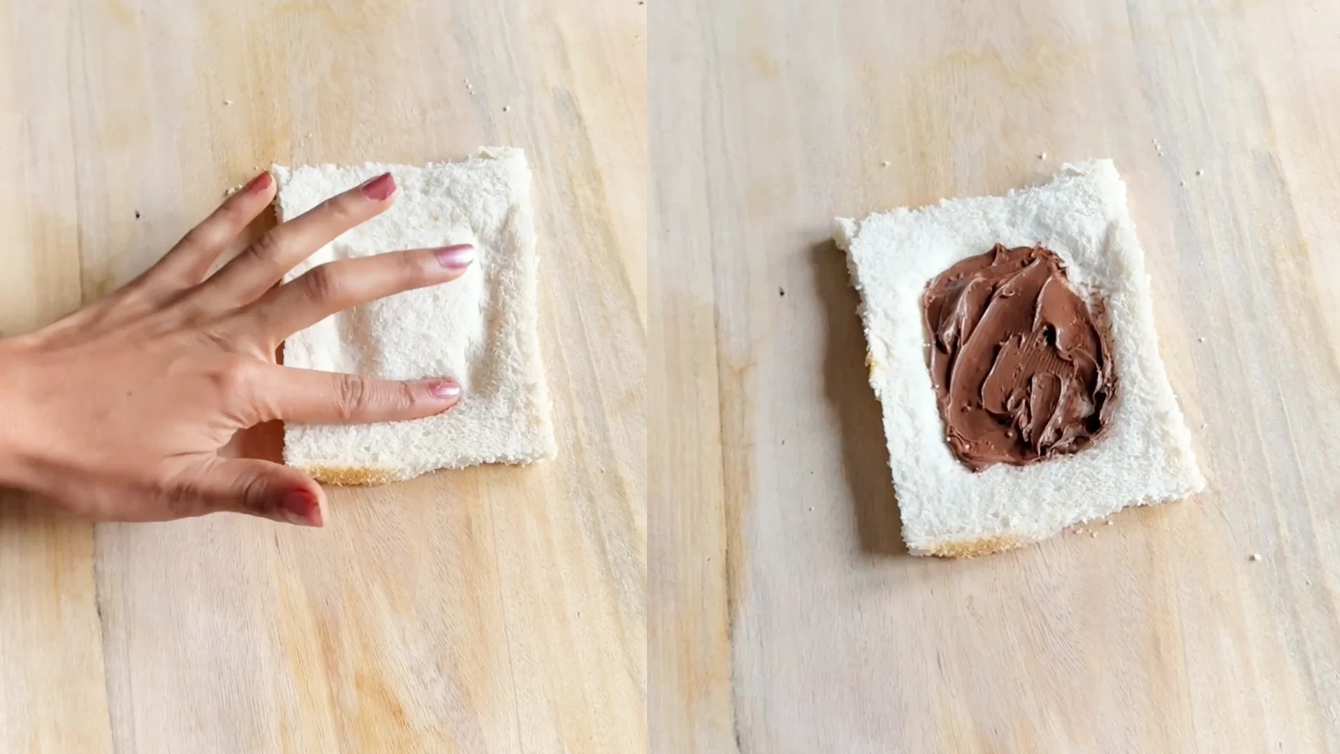 On the left someone is flattening the middle of a slice of bread with their finger. On the right they have filled it with chocolate.