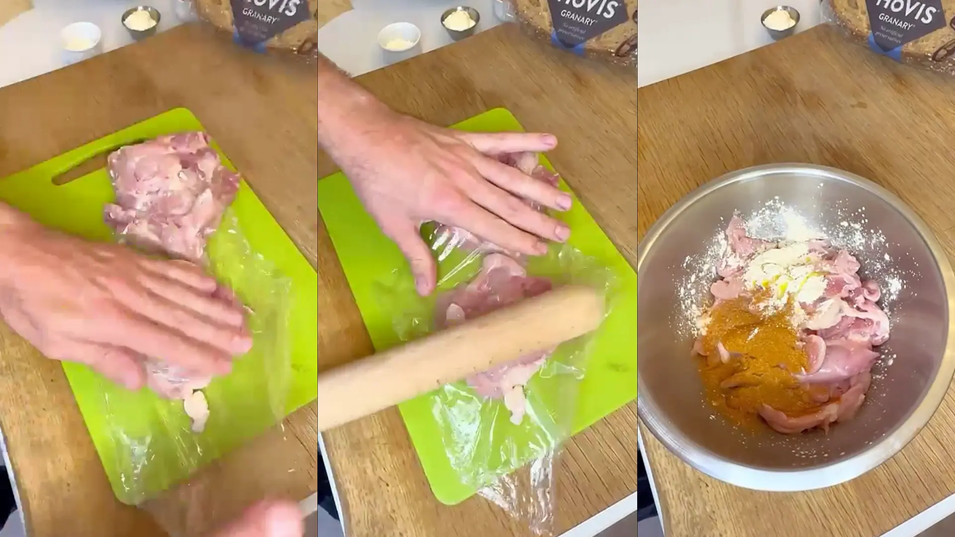 A set of three images showing how to prepare the chicken thighs: 1) covering the thighs with cling film, 2) flattening them with a rolling pin, and 3) seasoning with garlic powder and peri peri seasoning.