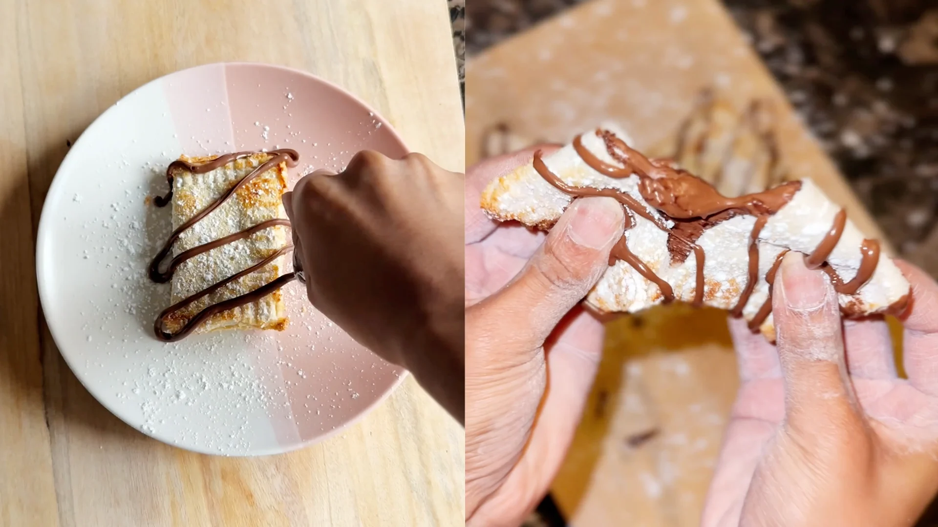 On the left someone is drizzling chocolate over a sugar-dusted mini toasted chocolate pie on a pink and white plate. On the right they are pulling apart the pie to reveal a gooey chocolate middle.