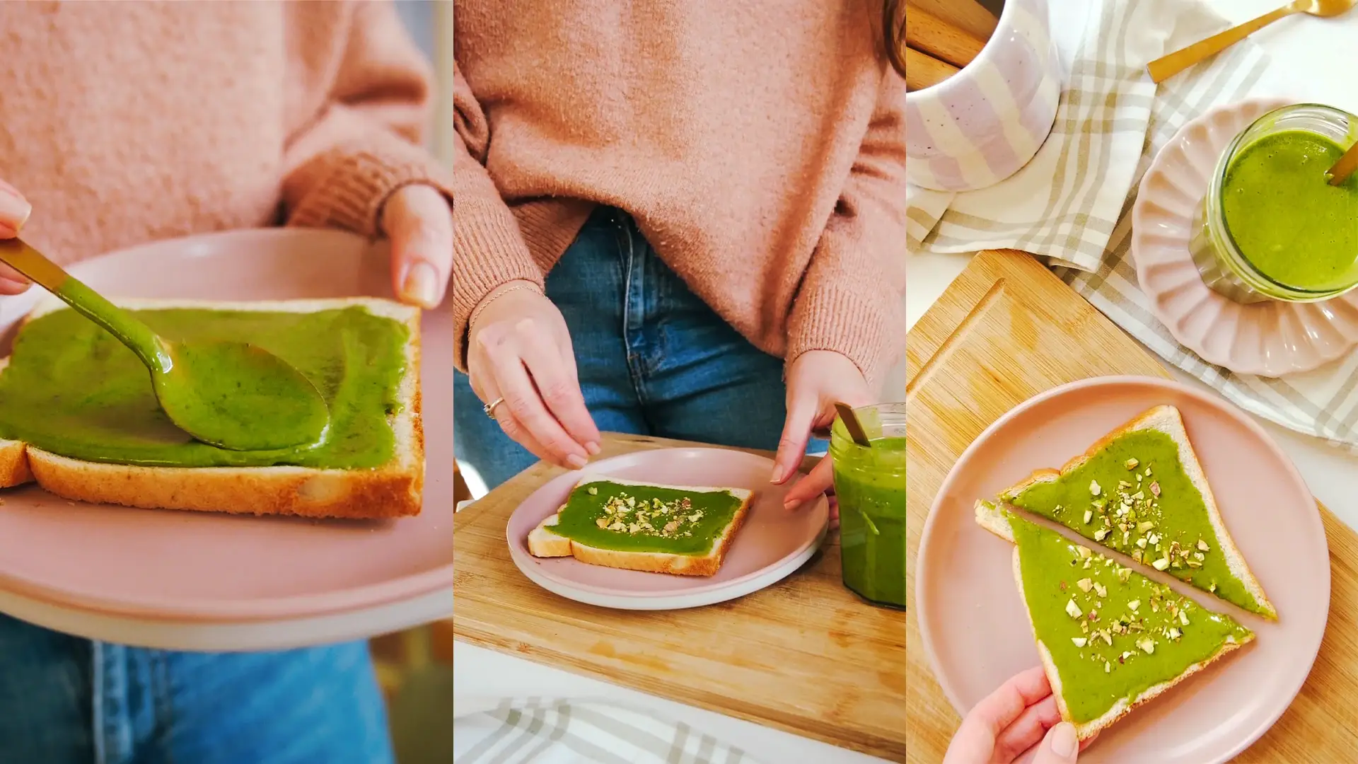 Three images are shown. The first one, of someone spreading the Matcha Pistachio paste onto a Hovis Soft White Medium Sliced Bread. The second image shows a woman sprinkling some pistachio pieces on top of the toast. The third image shows a top-down shot of the toast with the spread on a pink plate. 