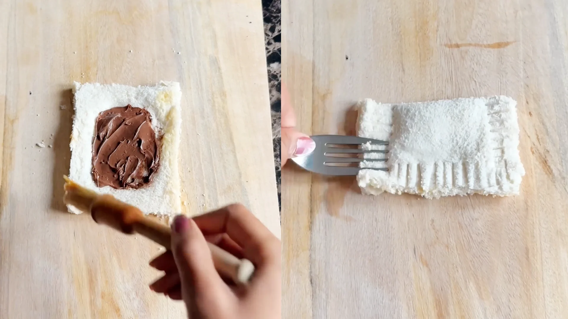 On the left someone is painting the edges of a crustless and chocolate covered piece of bread with an egg wash. On the right they have folded it in half and are crimping the edges with a fork.