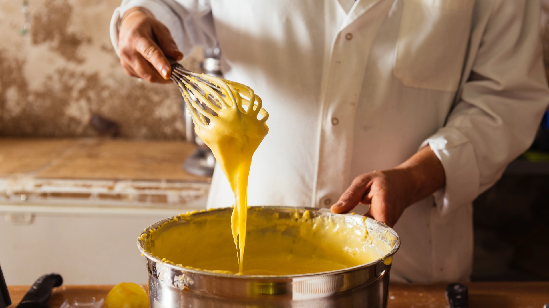 A large pot of bright yellow, creamy custard with a whisk lifting some of the custard.