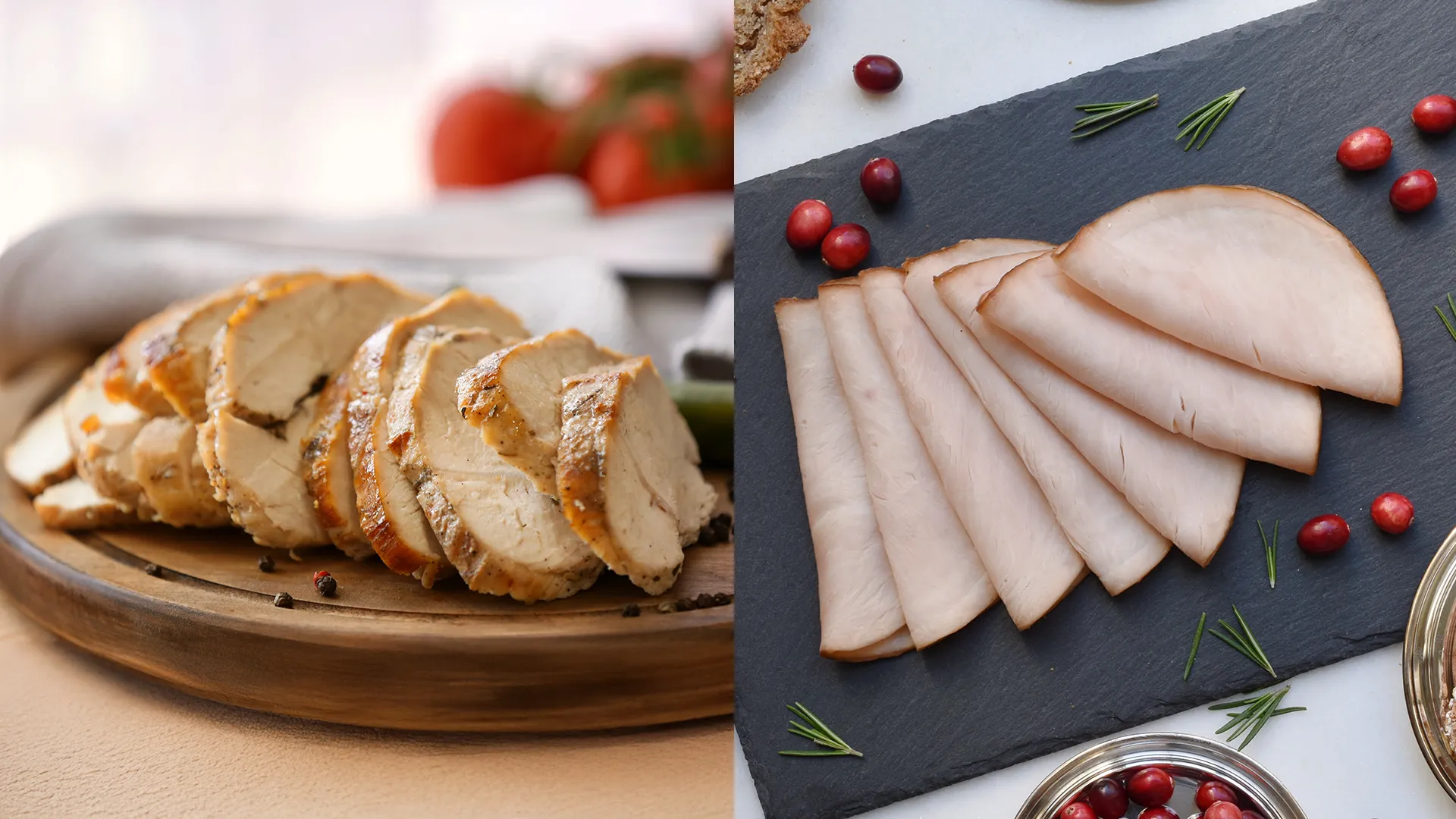 Ten slices of leftover turkey on top of a wooden chopping board with some red and black peppercorns surrounding it on the left. Then some supermarket turkey spread out on a slate board on the right. 