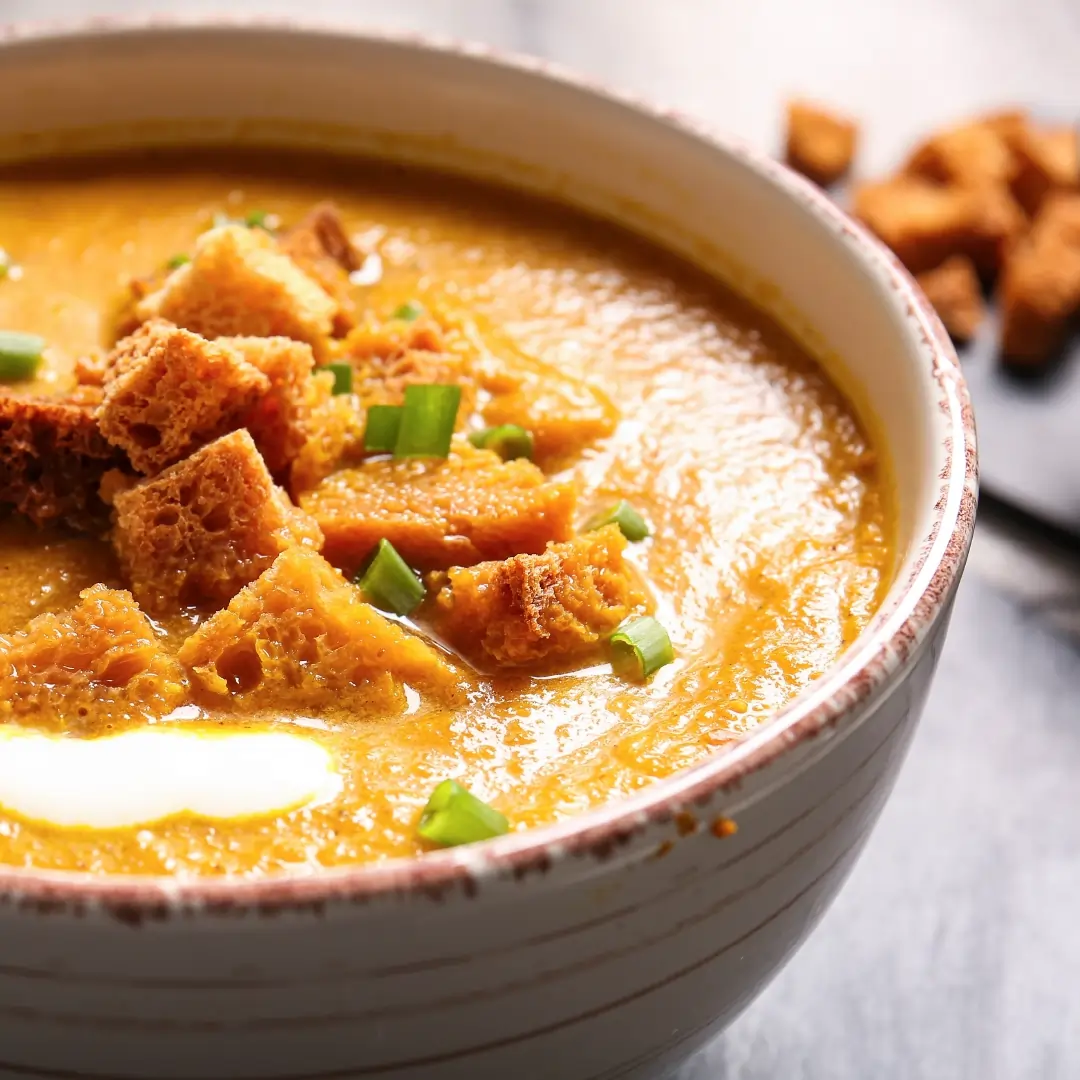 A bowl of creamy orange carrot soup garnished with crunchy brown bread croutons and fresh sliced greens. Extra croutons are visible in the background.