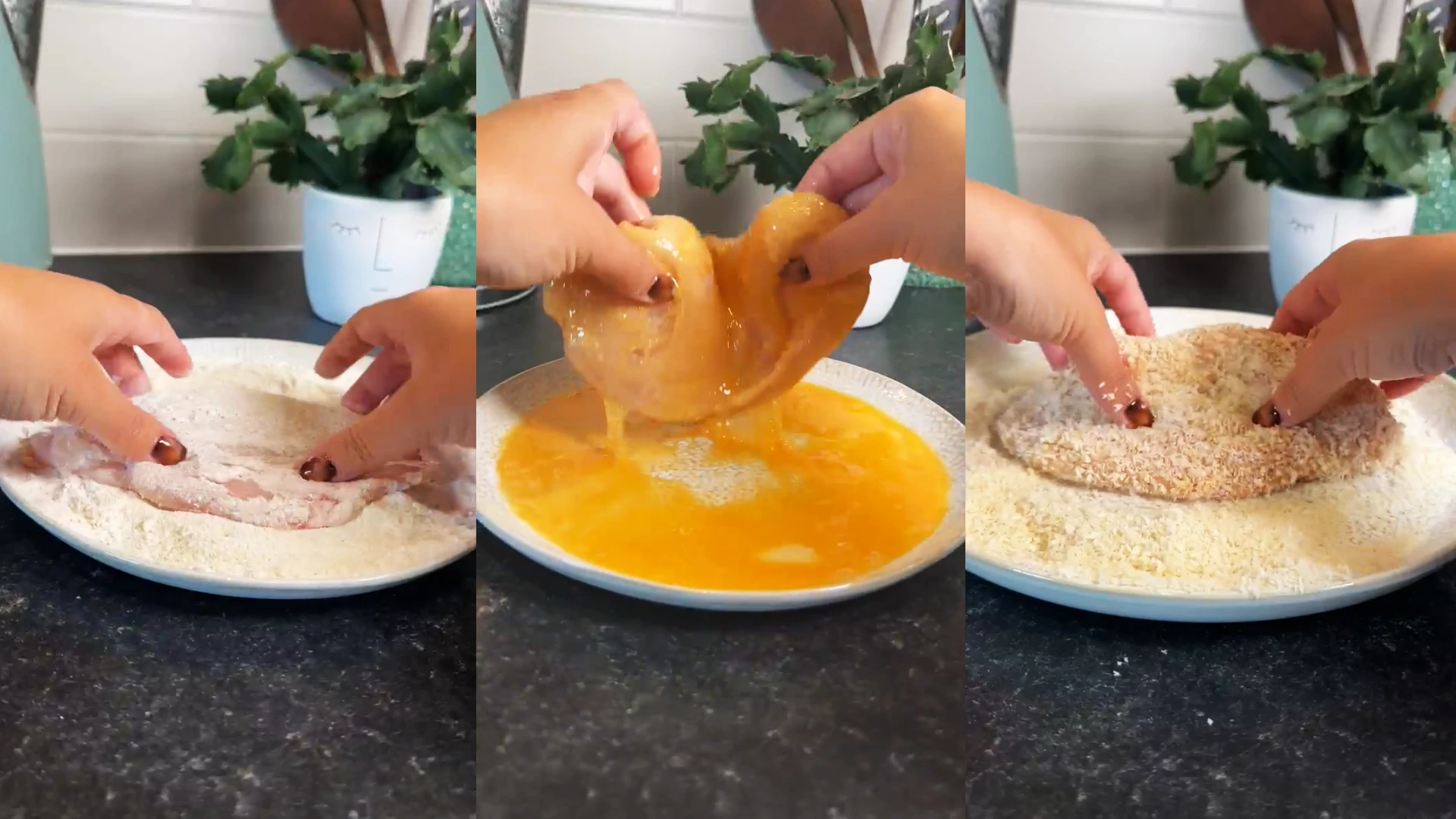 A set of three images showing how to coat chicken breasts: the first in flour, the second in eggs, and the third in bread crumbs.