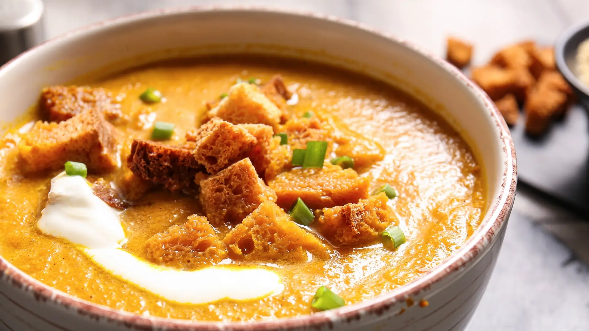 A bowl of creamy orange carrot soup garnished with crunchy brown bread croutons and fresh sliced greens. Extra croutons are visible in the background.